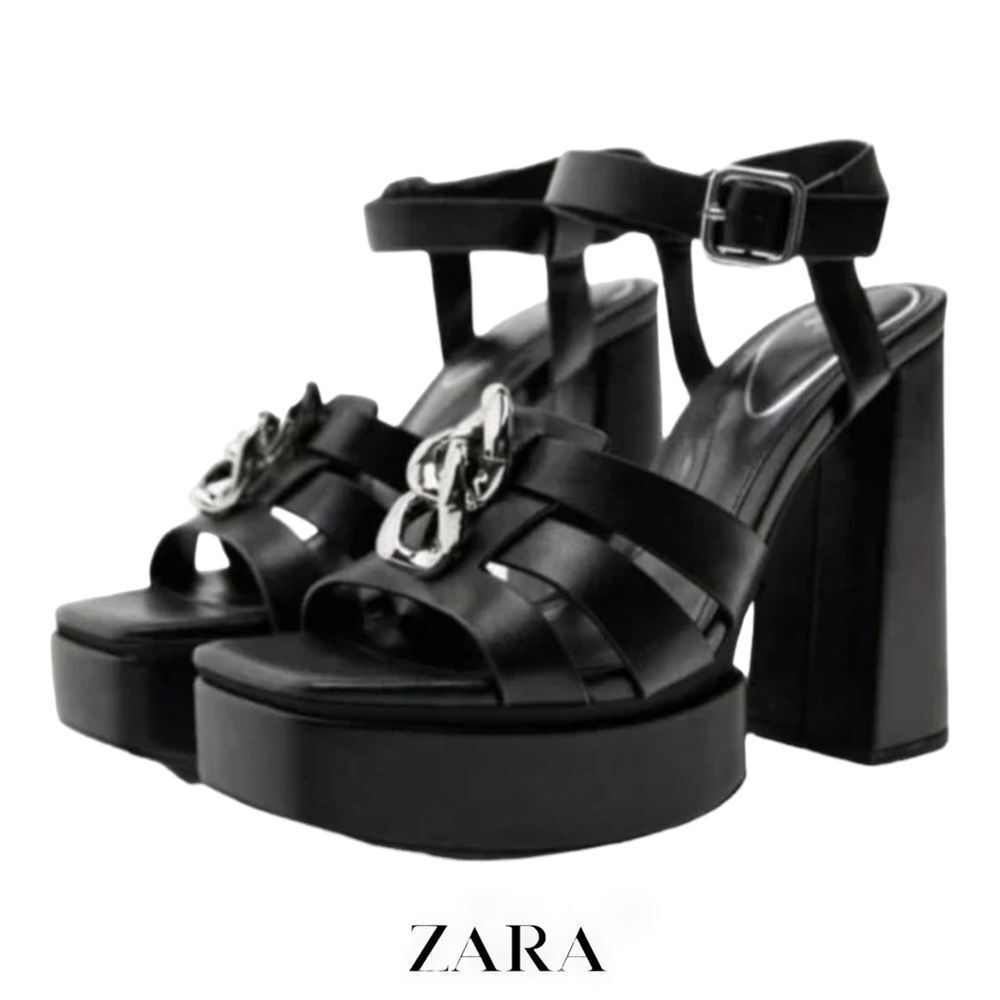 Zara Black Chunky Heel Sandals